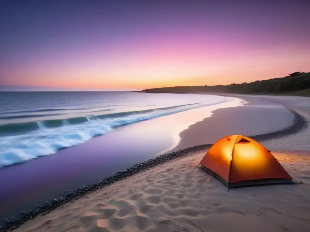 Camping en las mejores playas para acampar Uruguay: atardecer dorado sobre costa serena con tiendas de colores y fogatas