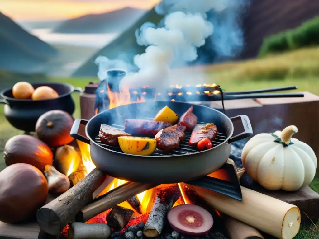 Gastronomía típica camping Uruguay: Fogata con parrilla, mate y guiso, creando una atmósfera acogedora y deliciosa