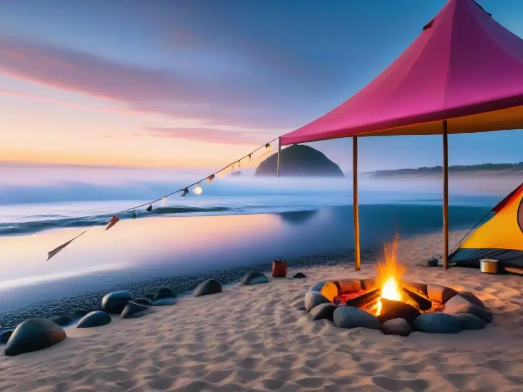 Camping en playas de Rocha durante atardecer: tiendas coloridas, fogatas y personas disfrutando de actividades frente al mar al anochecer