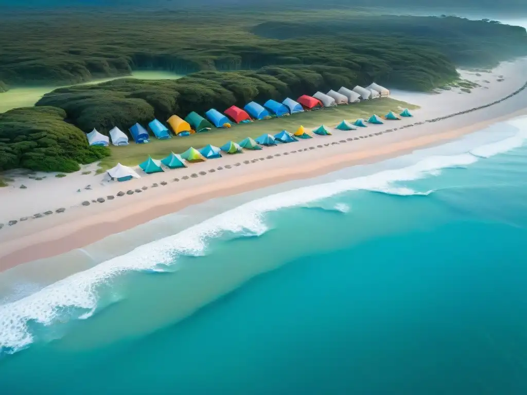 Camping en playas de Rocha: Vista aérea de una playa virgen con carpas coloridas, arena dorada y aguas turquesas