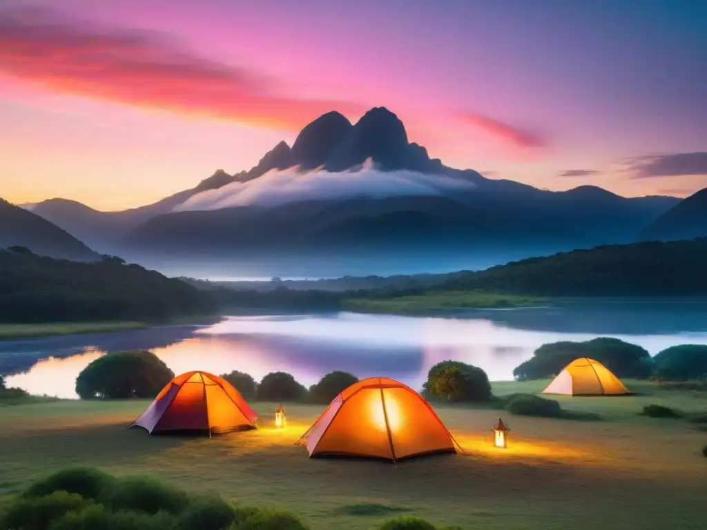 Camping en Uruguay para principiantes: Atardecer colorido y sereno reflejado en lago, campamento y montañas al fondo