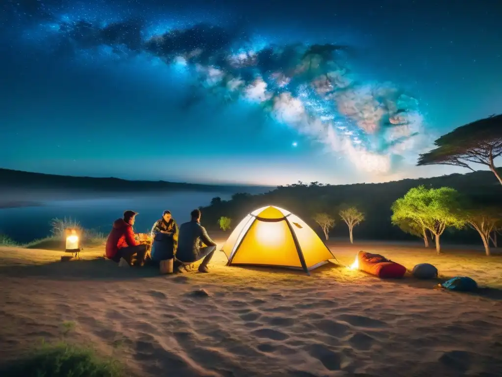 Camping en Uruguay para principiantes: Noche estrellada con tiendas de colores, fogata y emocionados campistas bajo la Vía Láctea