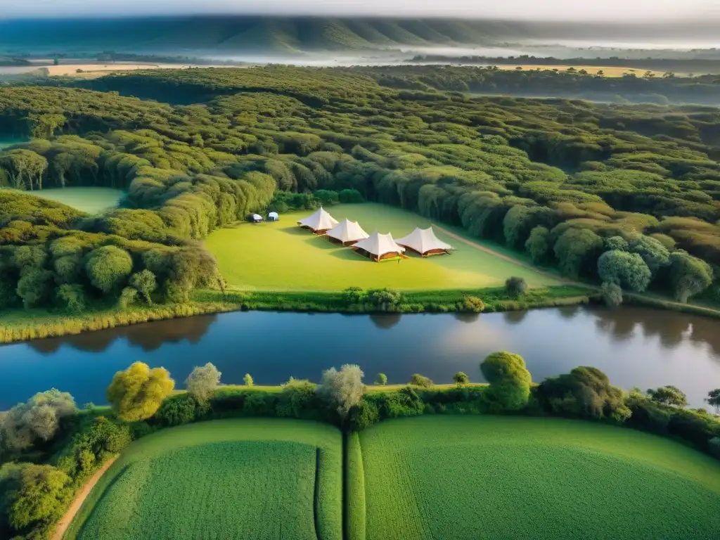 Camping privado en Uruguay: Un lujoso sitio de camping en la exuberante naturaleza uruguaya, con tiendas de alta gama y vistas a colinas y río sereno