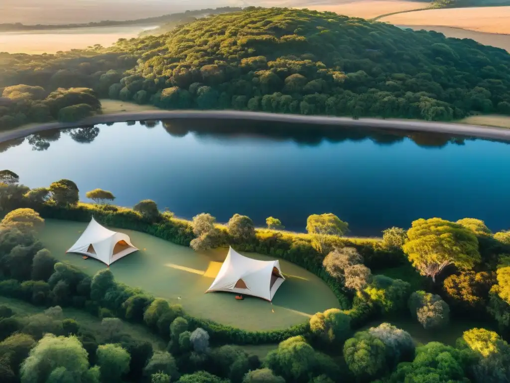 Camping privado en Uruguay: lujo y naturaleza se fusionan en un escenario de ensueño al aire libre al atardecer