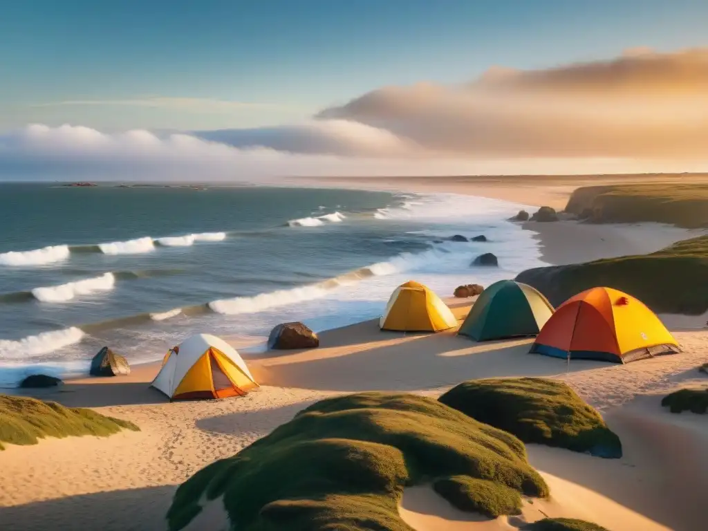 Camping en Punta del Diablo: Amigos reunidos alrededor de fogata en la playa al atardecer