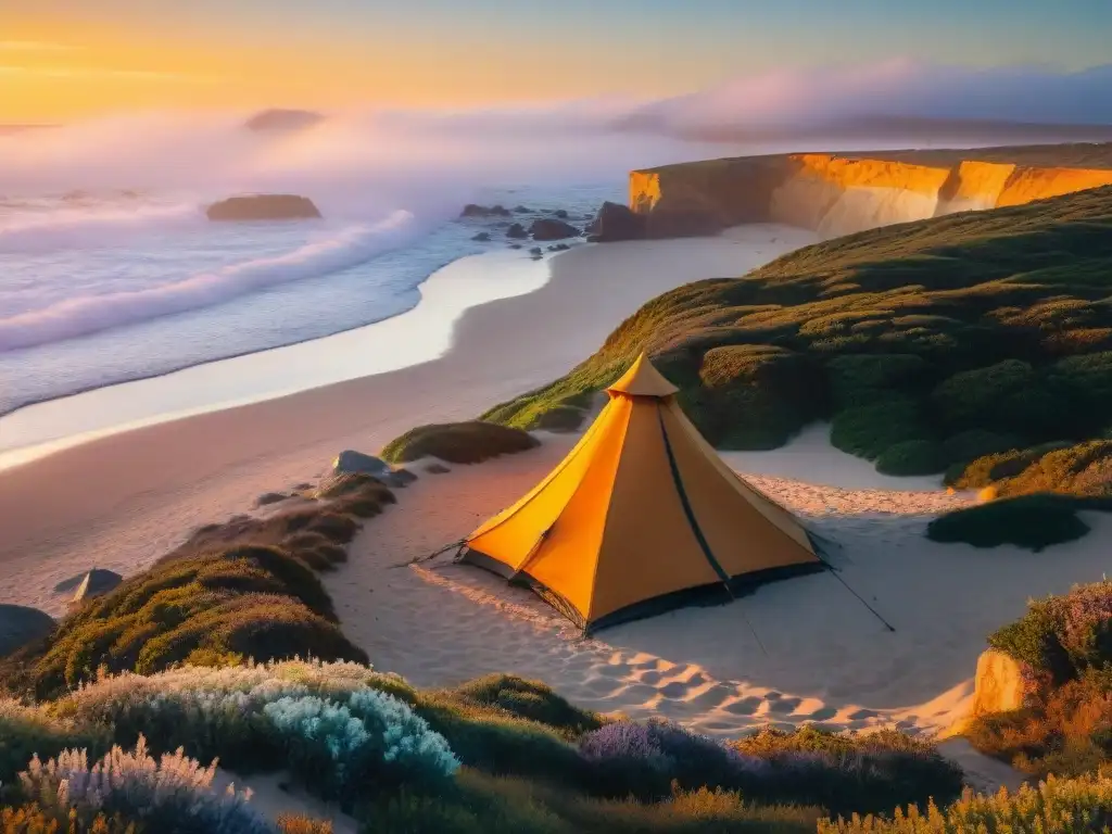 Camping en Punta del Diablo: atardecer dorado sobre acantilados, olas y fogata en la playa