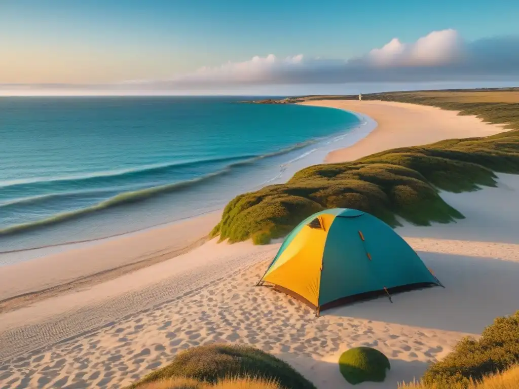 Camping en Punta del Diablo: Atardecer en la playa con tiendas de campaña, palmera solitaria y turquesas aguas del Atlántico