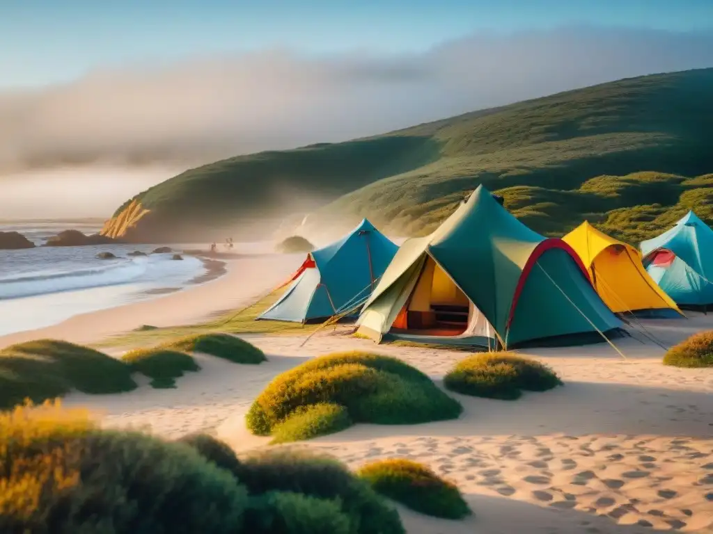 Camping en Punta del Diablo: Campistas disfrutan de la serenidad matutina en la costa, con tiendas coloridas en la playa al amanecer