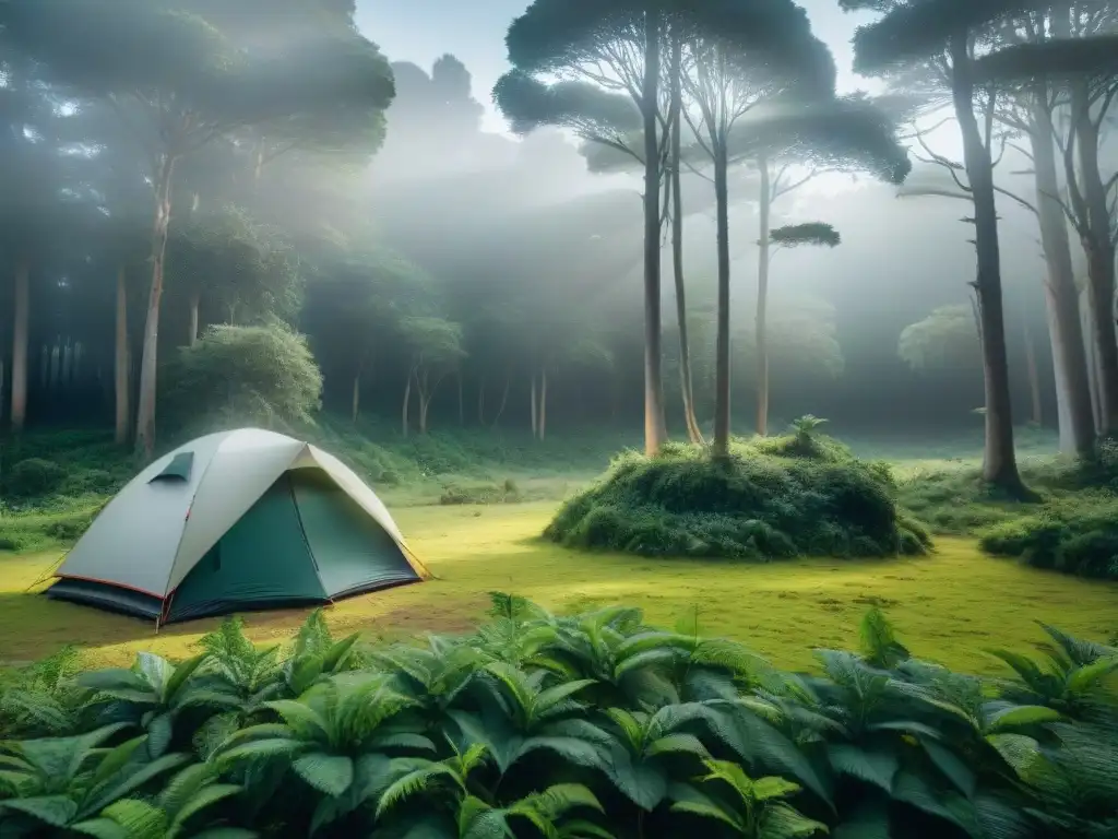 Camping responsable en Uruguay: Campamento ecológico en un bosque verde, armonía entre campistas y naturaleza