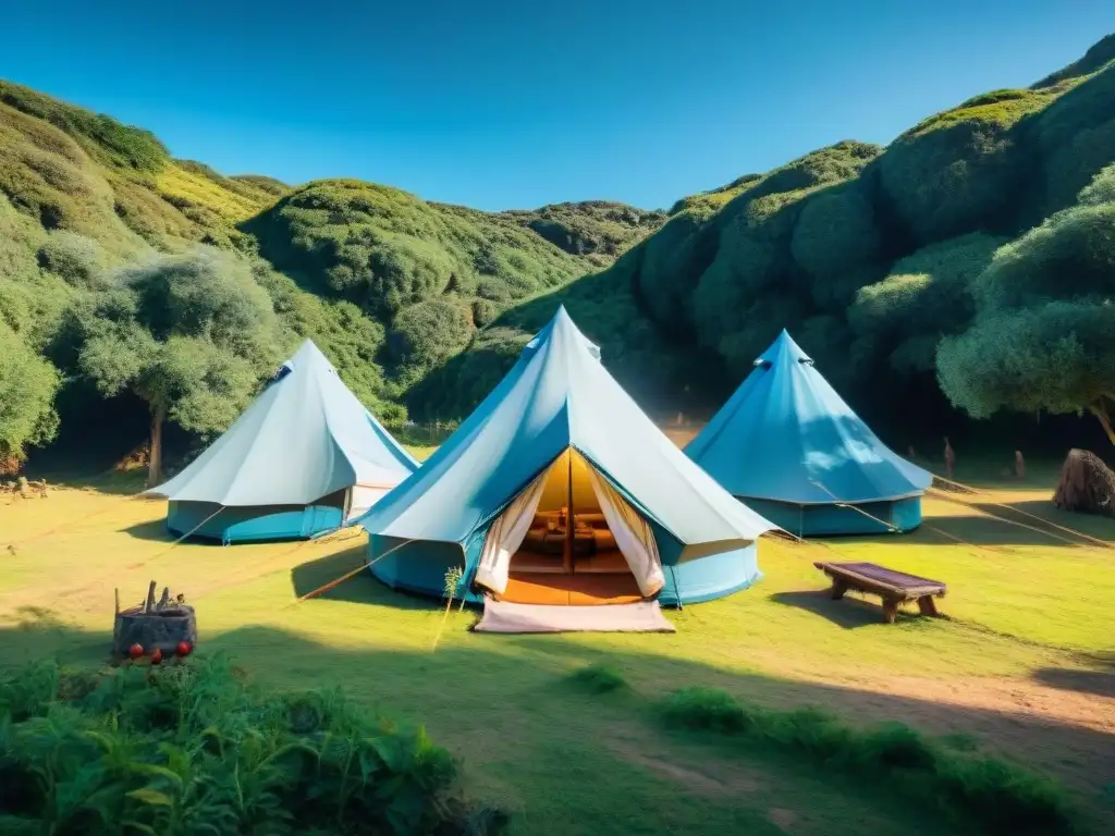 Camping responsable en Uruguay: Un campamento sostenible con tiendas ecofriendly, paneles solares y naturaleza exuberante