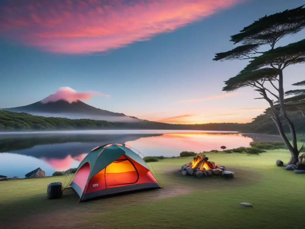 Camping responsable en Uruguay: Un campamento tranquilo al borde de un lago cristalino al atardecer