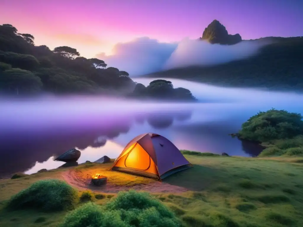 Camping responsable en Uruguay: amanecer sereno en un campamento junto al lago, iluminando la tienda con tonos rosados, naranjas y morados en el cielo