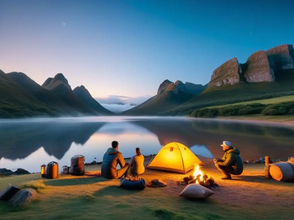 Camping seguro cerca del agua en Uruguay: campamento junto al lago al anochecer con fogata y actividades al aire libre