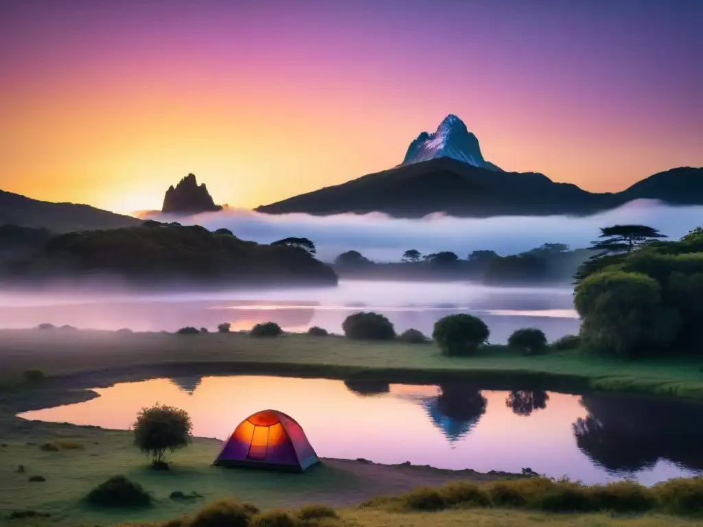 Un camping seguro en Uruguay con un atardecer colorido sobre un lago tranquilo