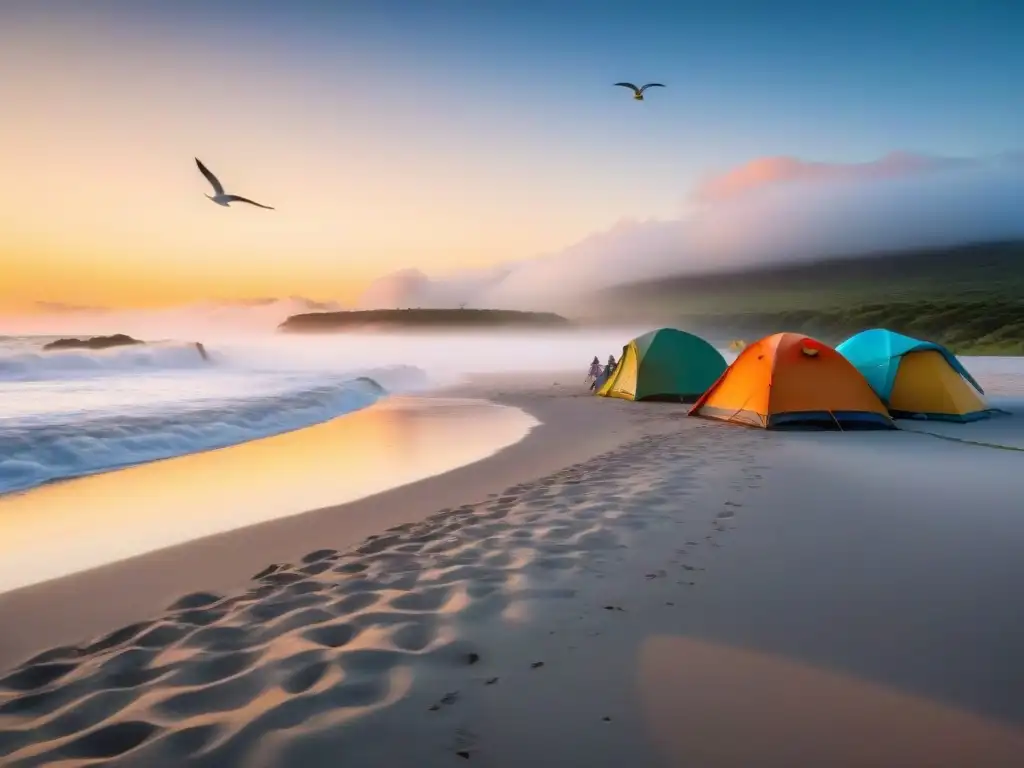 Camping seguro en la playa al amanecer en Uruguay, consejos seguridad camping playa Uruguay