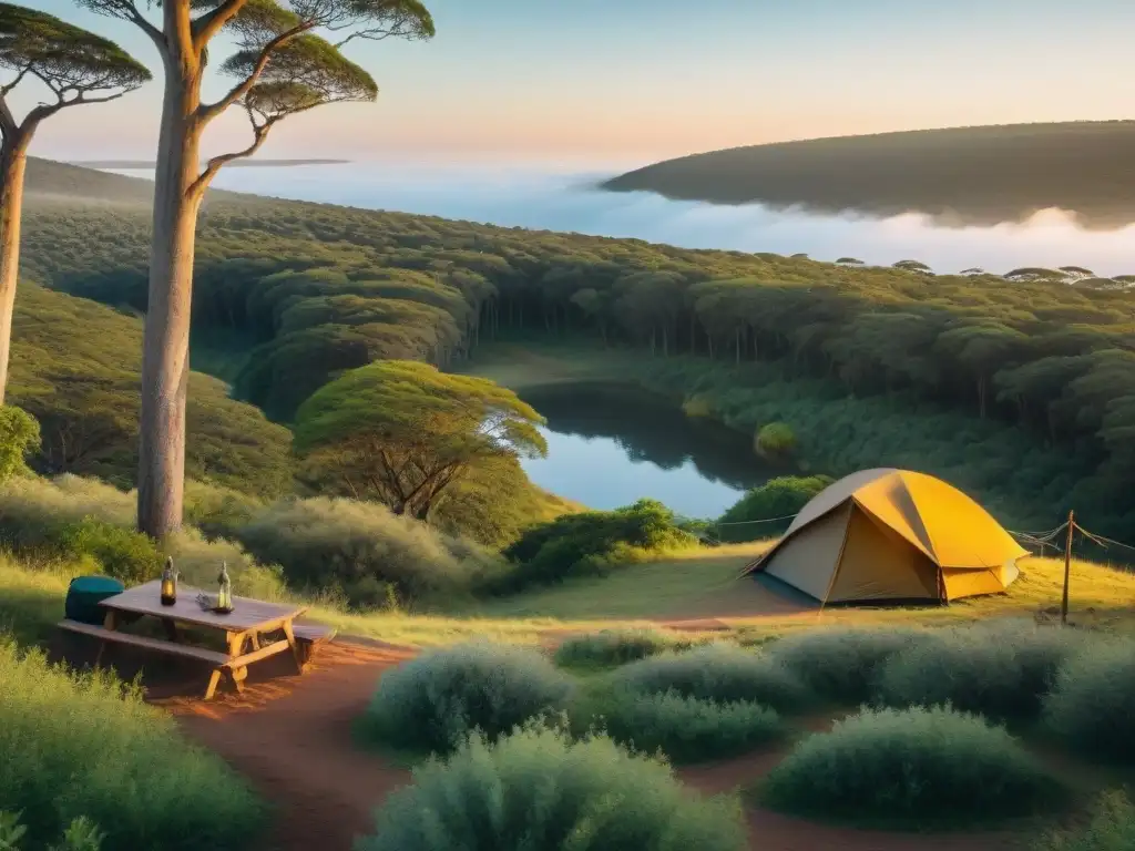 Camping sostenible en Uruguay: Acampar en armonía con la naturaleza en un bosque uruguayo al atardecer