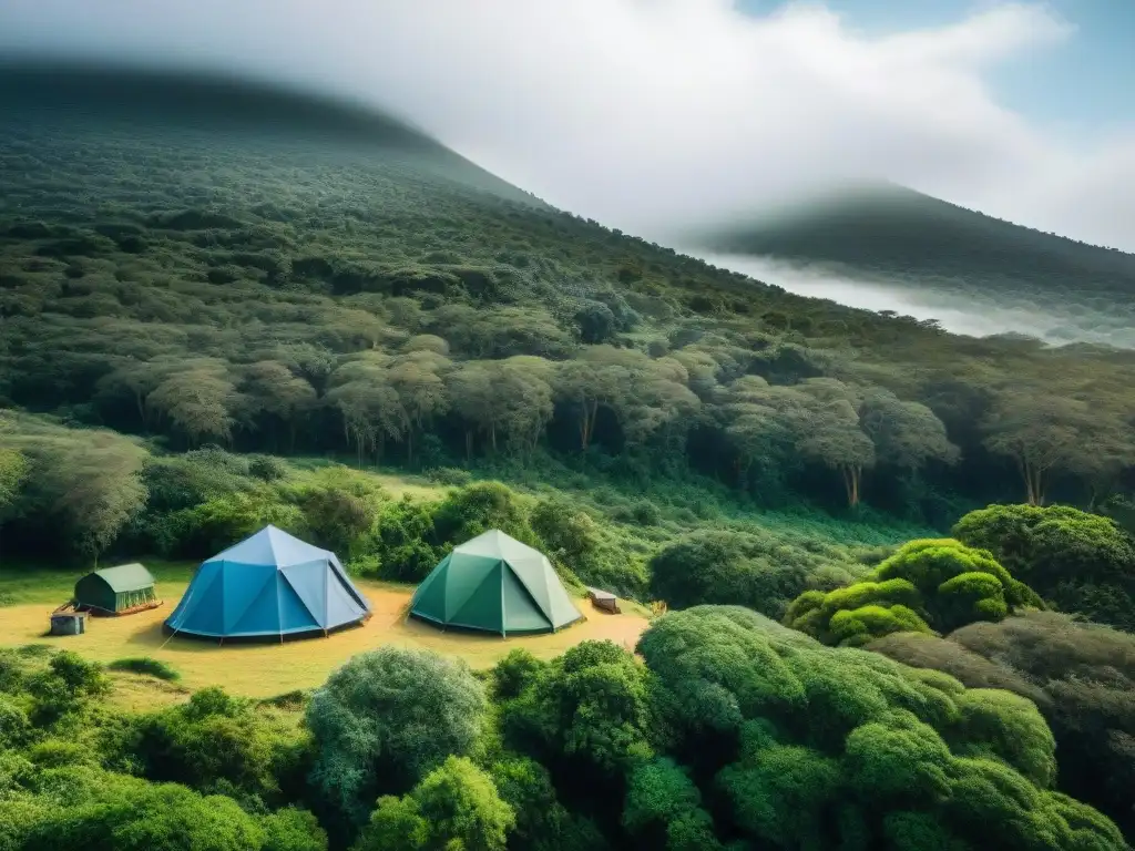 Camping sostenible en Uruguay: Campamento ecoamigable en bosque con tiendas recicladas, paneles solares y vida silvestre nativa