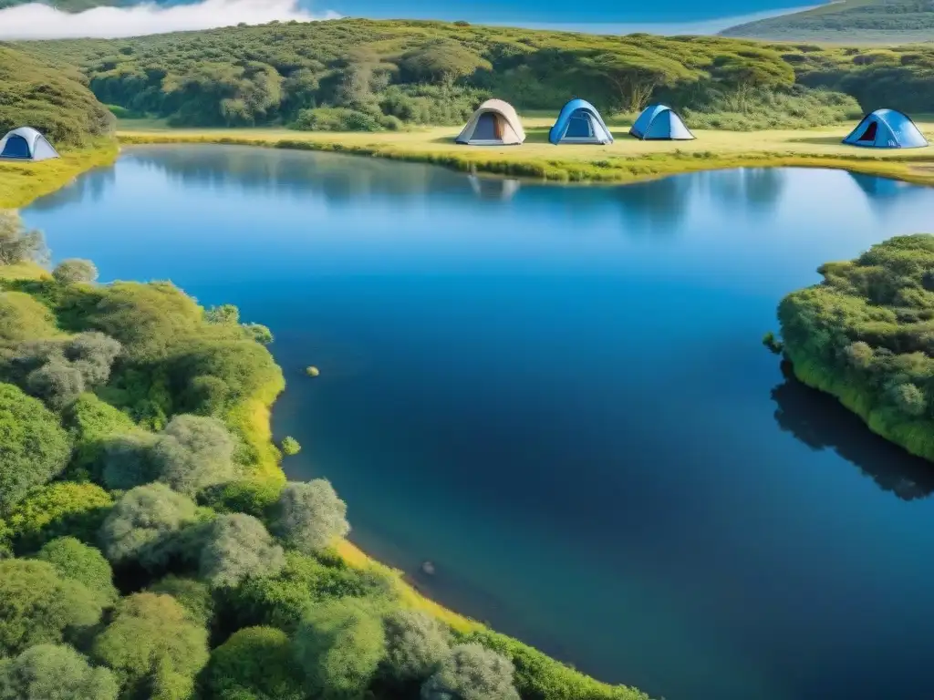 Camping sostenible en Uruguay: Campamento verde con paneles solares, reciclaje y campistas disfrutando de la naturaleza