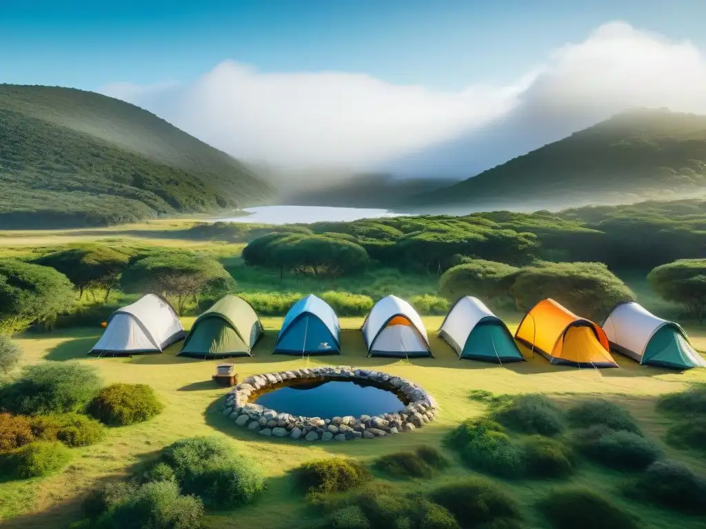 Camping sostenible en Uruguay: Tienda ecológica entre la naturaleza exuberante, con paneles solares y prácticas ecoamigables