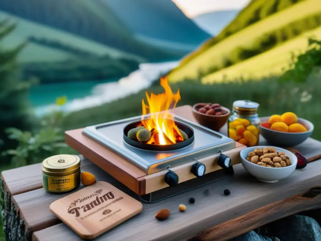 Un camping stove en una roca con alimentos esenciales para travesías, en un campamento uruguayo al atardecer