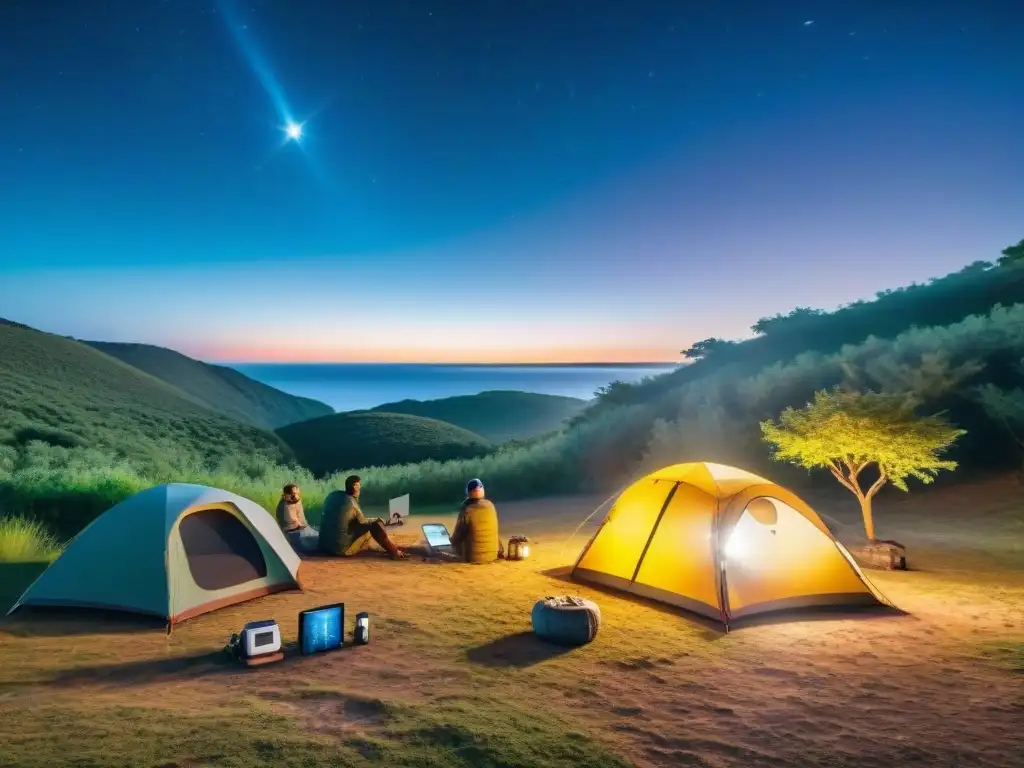 Camping tecnológico en Uruguay: Campamento moderno con tiendas solares, routers WiFi y linternas controladas por smartphone bajo un cielo estrellado