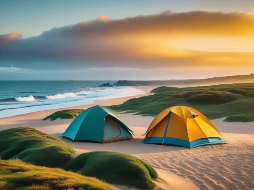 Camping en Uruguay: paisajes y tradiciones en Punta del Diablo, con tiendas coloridas en la playa al atardecer