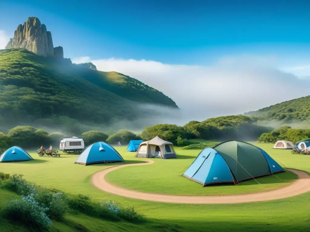 Campings accesibles para discapacitados en Uruguay: Grupo diverso disfruta de actividades en un entorno inclusivo y tranquilo