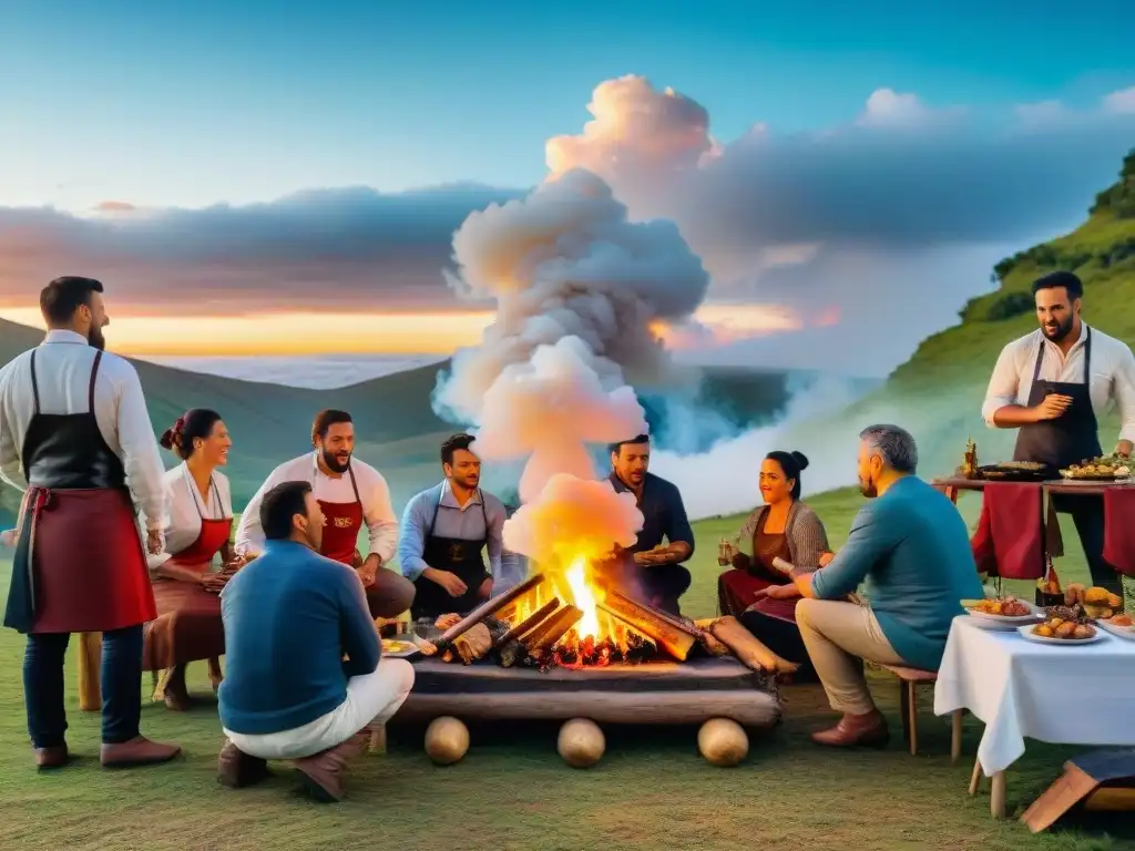 Campings exclusivos en Uruguay: Atardecer en un asado tradicional uruguayo en un lujoso camping, con chefs locales y huéspedes disfrutando