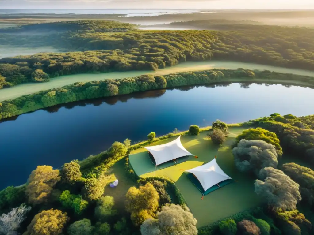 Campings exclusivos en Uruguay: Exclusivas tiendas de lujo entre la exuberante naturaleza, con huéspedes disfrutando de actividades al aire libre al atardecer