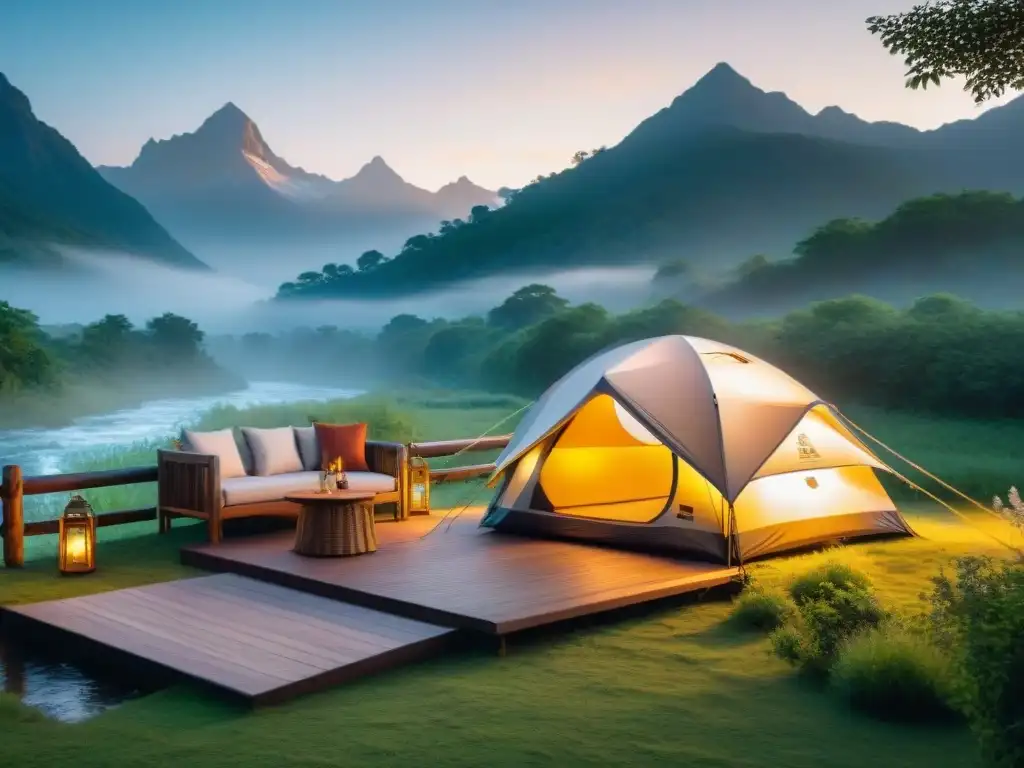 Campings exclusivos en Uruguay: Tienda de lujo en entorno natural con arroyo y montañas al atardecer