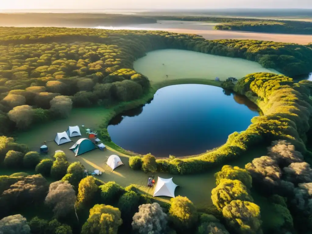 Campings privados en Uruguay: Un refugio natural y tranquilo para camping, rodeado de vegetación exuberante y ríos serpenteantes al atardecer