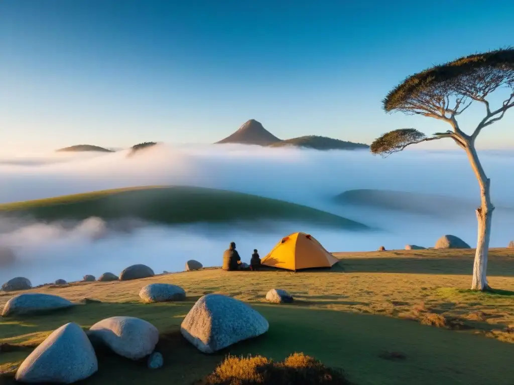 Campismo en Uruguay en invierno: Un campamento sereno en el campo uruguayo, con una tienda entre árboles cubiertos de escarcha