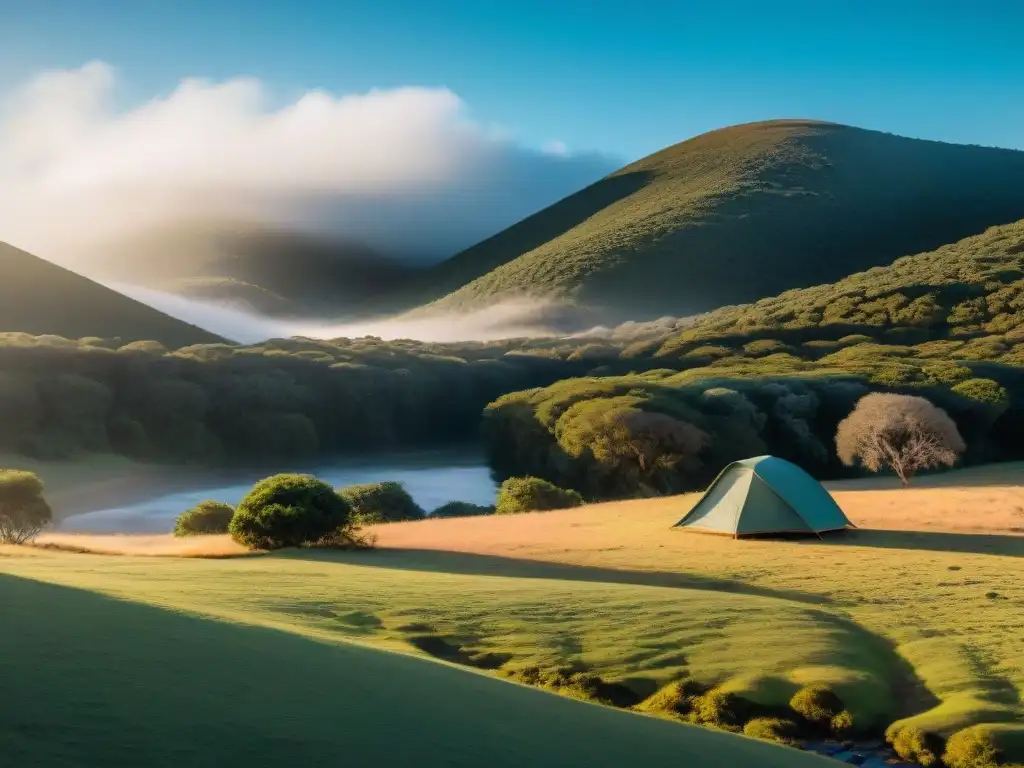 Campismo en Uruguay en invierno: Un paisaje invernal sereno con una tienda de campaña minimalista entre árboles nevados y colinas blancas al fondo