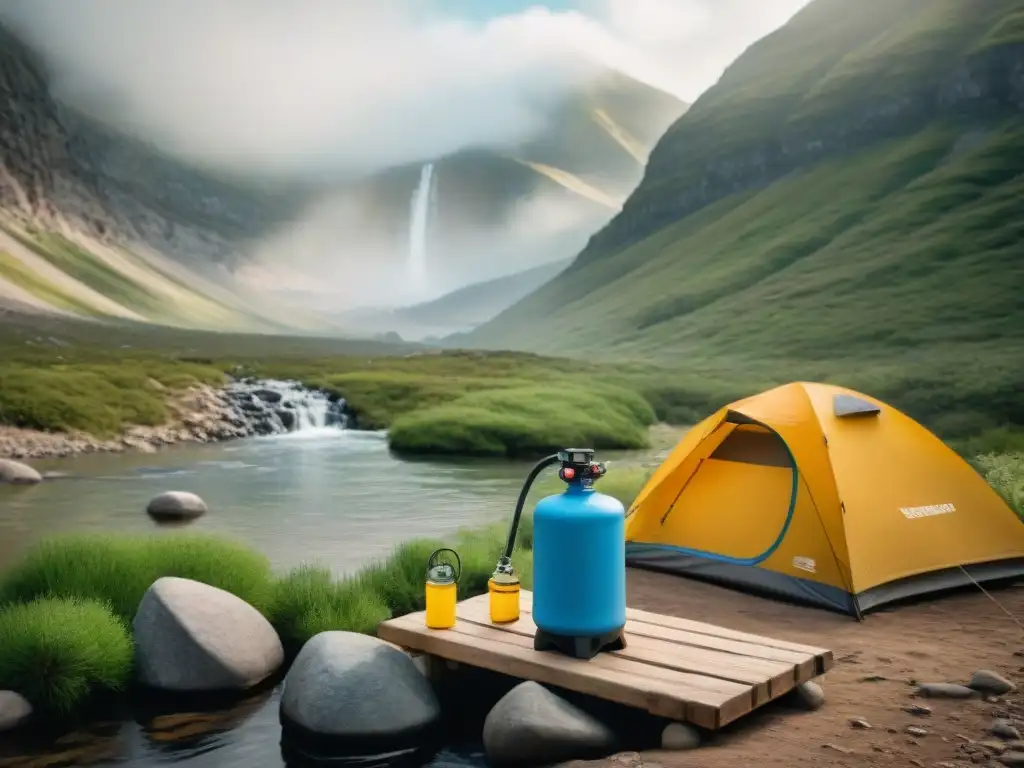 Un campista purifica agua de un arroyo en la naturaleza