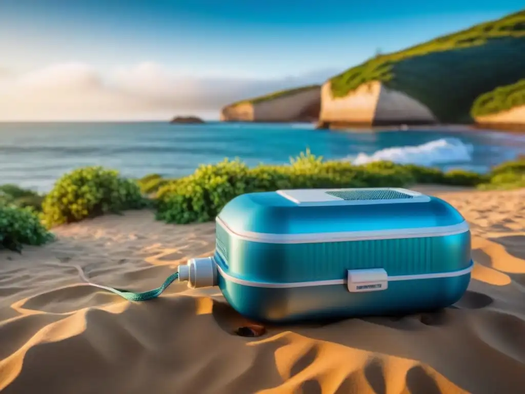 Un campista desalinizando agua en la playa de Uruguay con dispositivo portátil