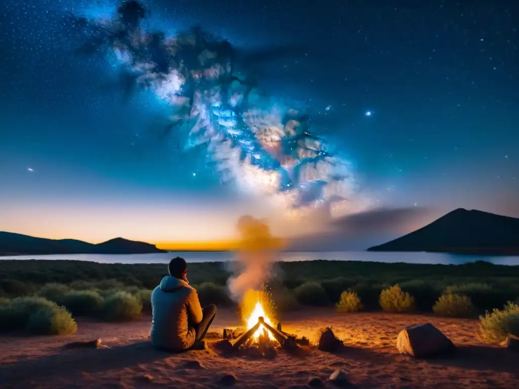 Campista frente a fogata en campamento remoto en Uruguay, conexión con naturaleza y transformaciones personales camping Uruguay