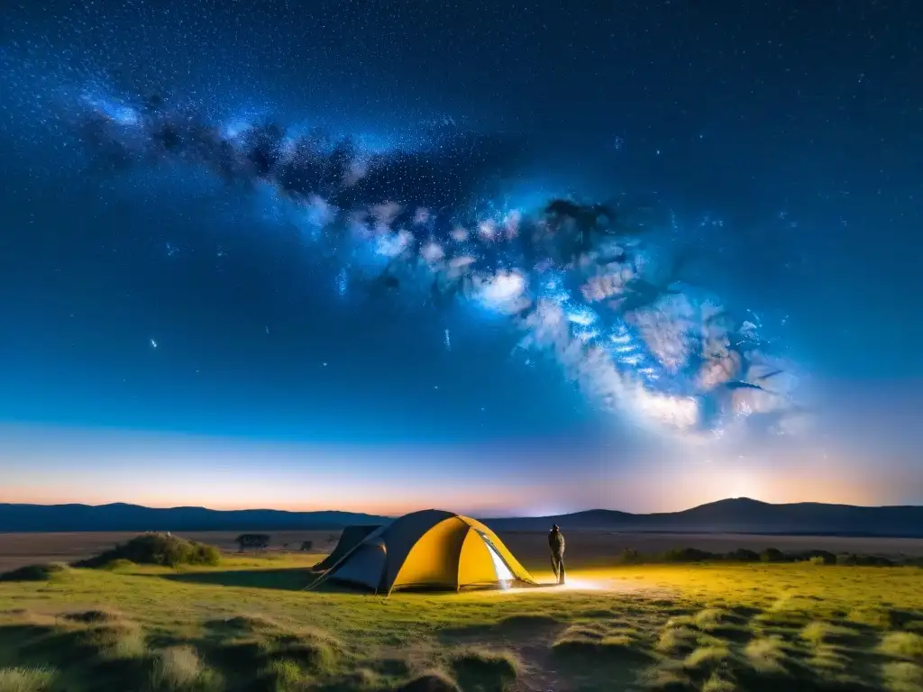 Un campista maravillado por la orientación por estrellas camping Uruguay bajo un cielo nocturno impresionante