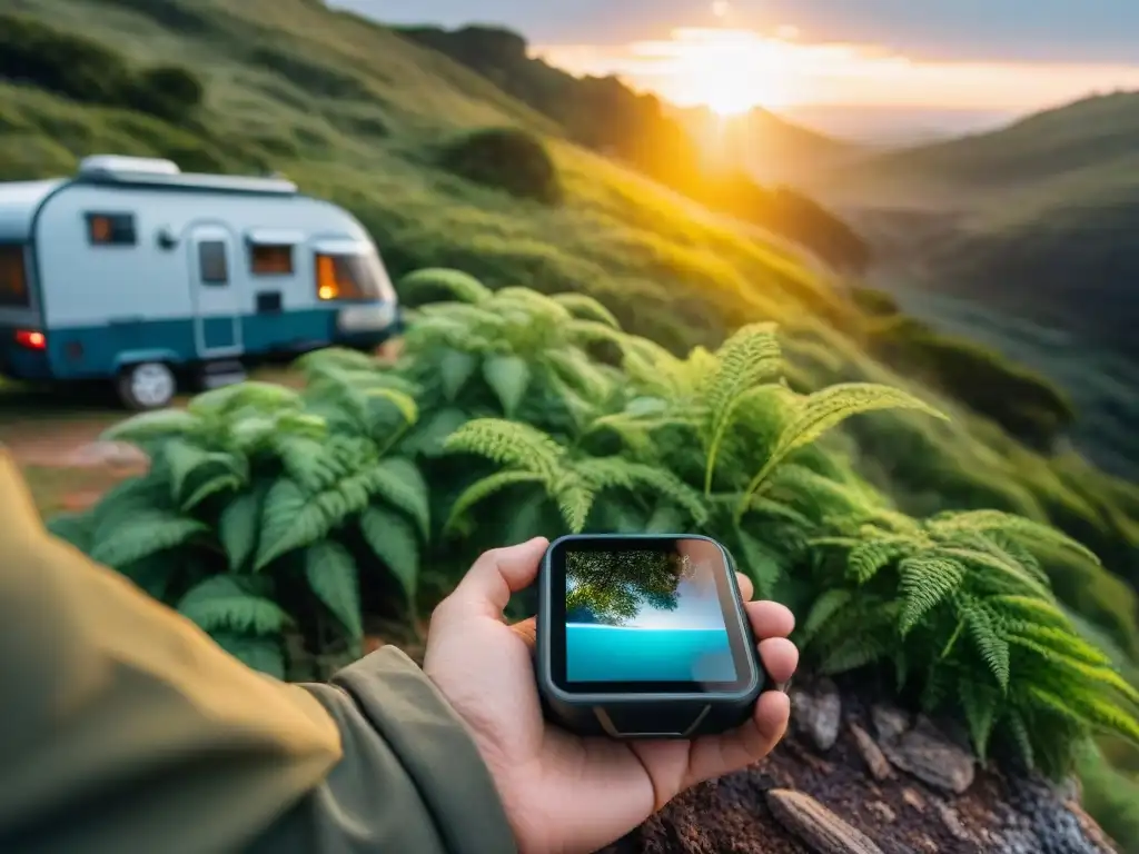 Campista moderno en Uruguay configurando GPS en medio de la naturaleza