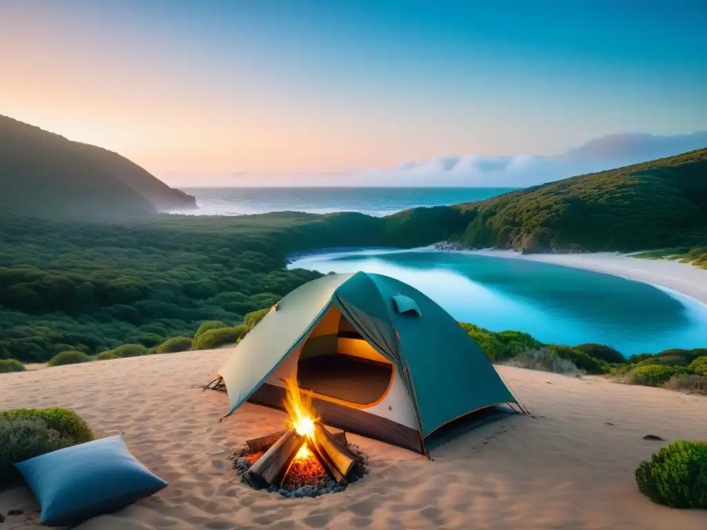 Un campista responsable en Uruguay: recogiendo su equipo sostenible al amanecer en la playa