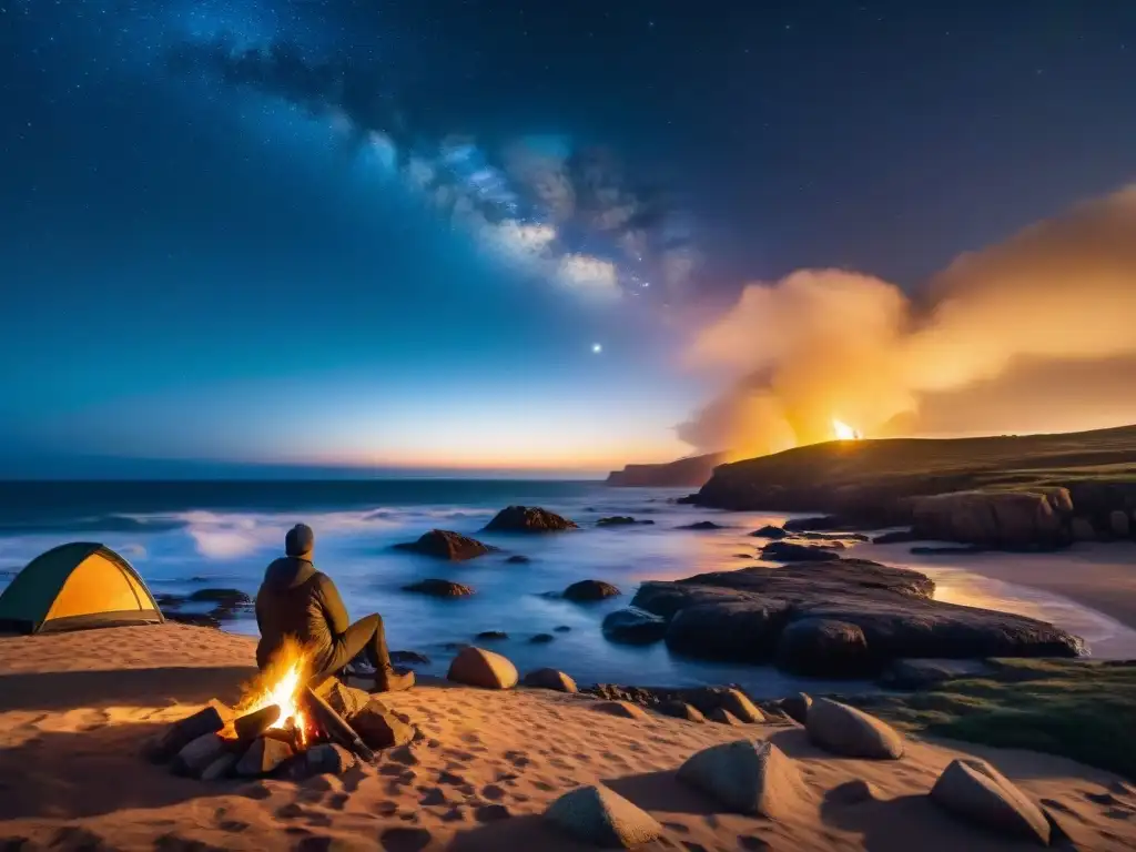 Un campista solitario contempla la noche estrellada junto a una fogata en Cabo Polonio, Uruguay