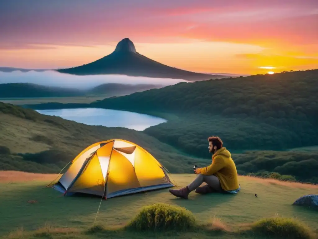 Un campista solitario montando una tienda al atardecer en Uruguay