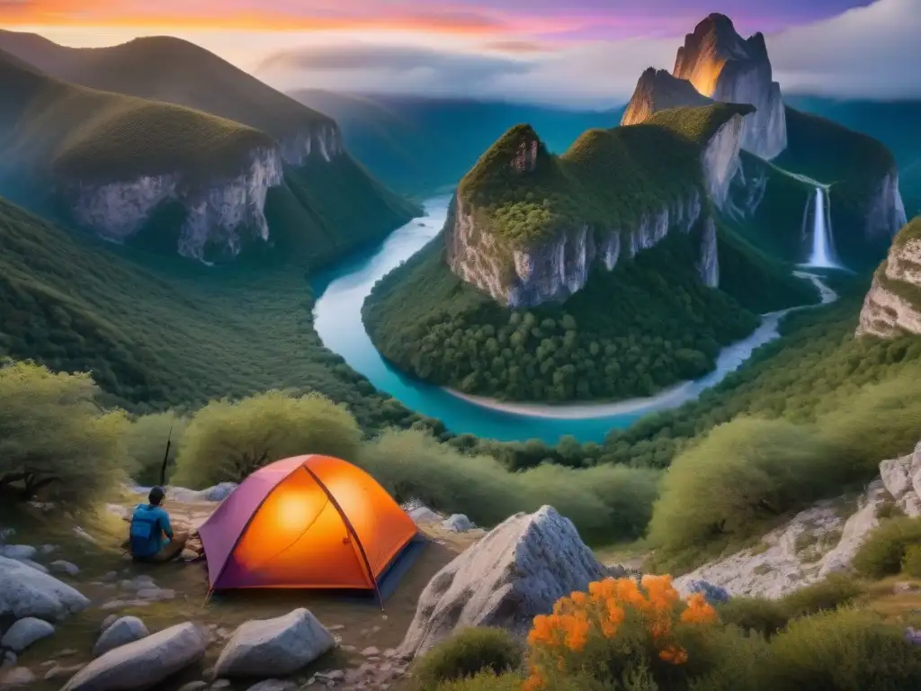 Un campista solitario montando su tienda al atardecer en Valle del Lunarejo, rodeado de naturaleza