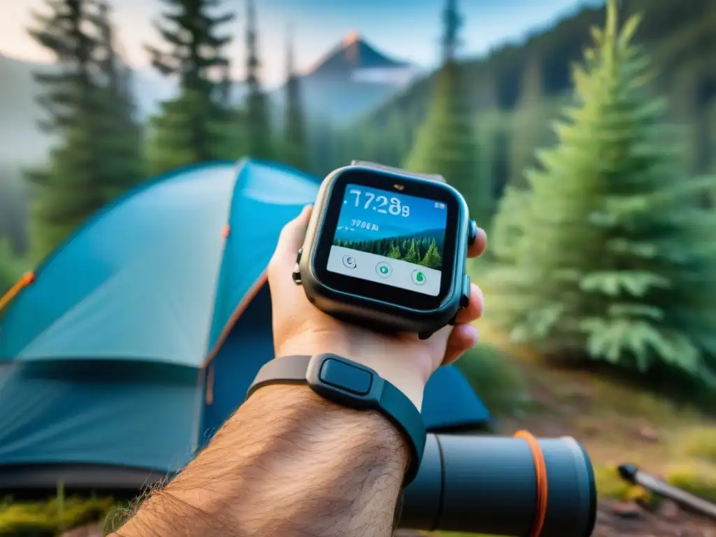 Un campista usa tecnología wearable para campistas en un bosque, con reloj inteligente GPS mostrando mapas y estadísticas de salud