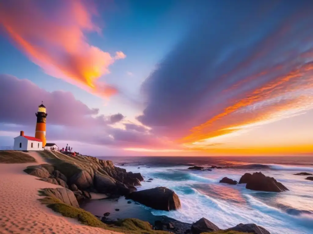 Campista montando tienda al atardecer en Cabo Polonio Uruguay, con el faro y el mar al fondo