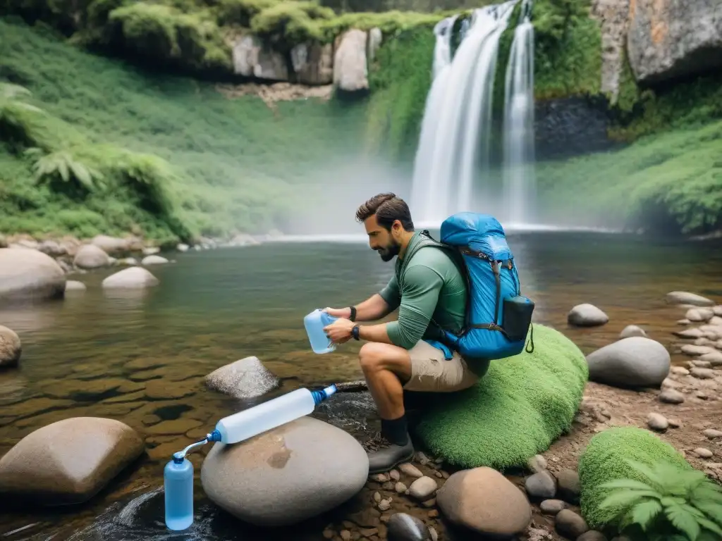 Campistas purificando agua en la naturaleza de Uruguay con filtros de agua portátiles camping