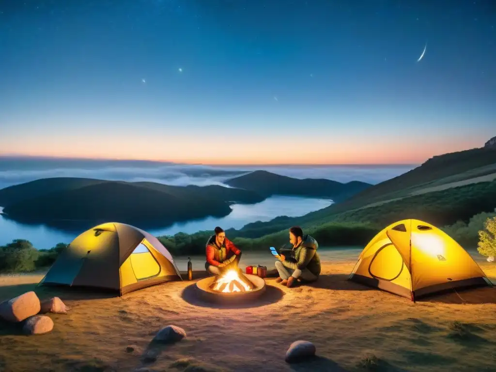 Campistas en Uruguay usan aplicaciones móviles para mejorar su experiencia de camping junto al fuego nocturno en un hermoso paisaje natural