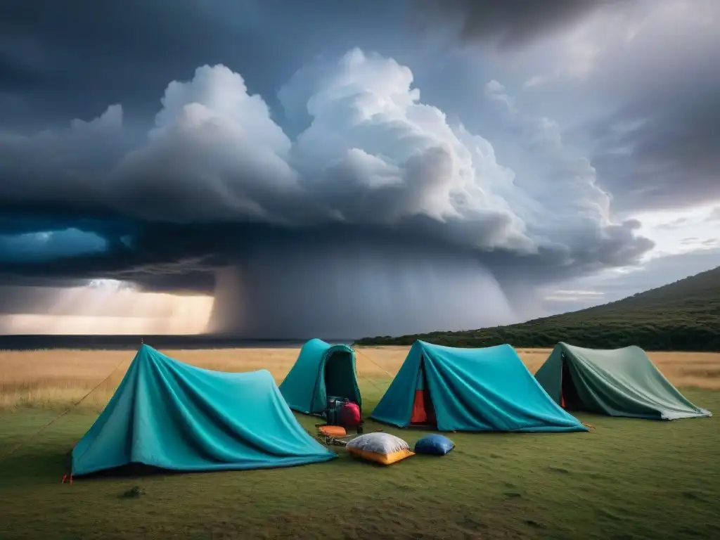 Campistas en Uruguay preparando campamento bajo cielo tormentoso con mantas térmicas camping emergencia Uruguay