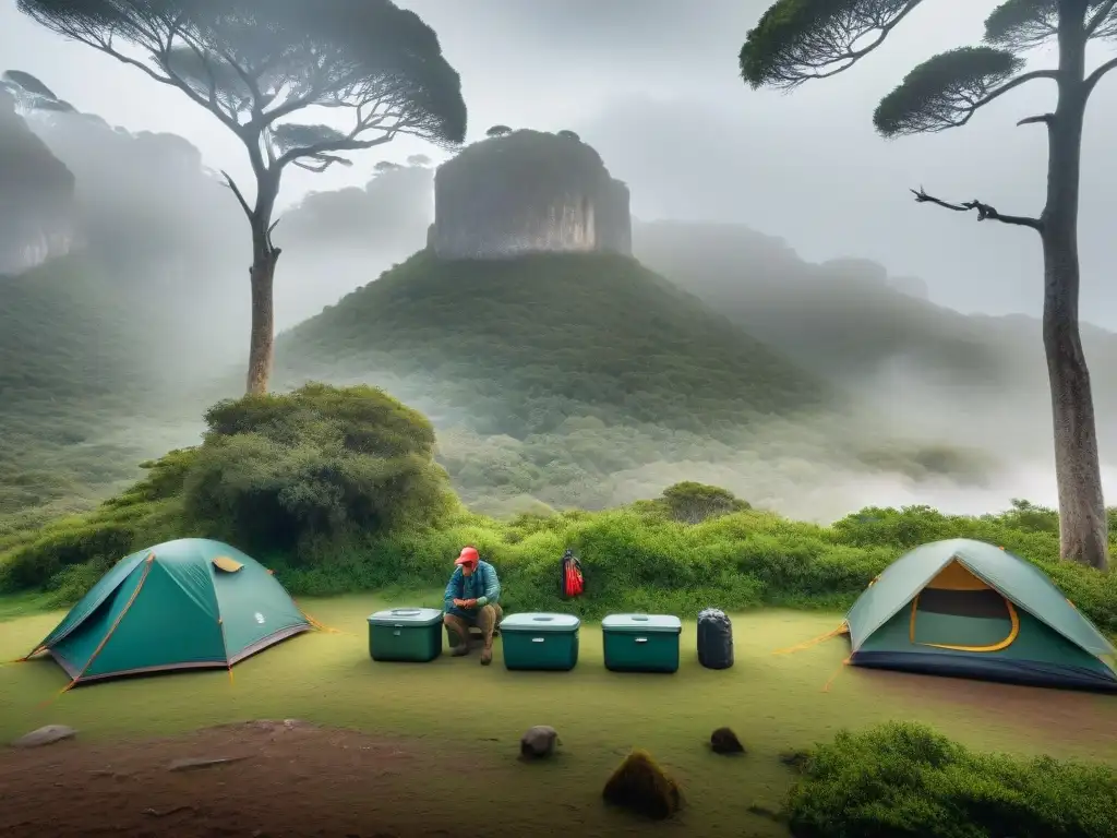 Campistas protegiendo su campamento en la exuberante naturaleza de Uruguay