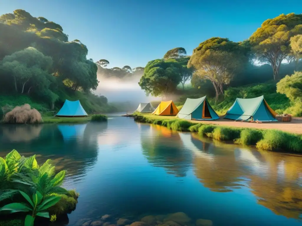 Campistas disfrutan de un campamento junto a un río cristalino en Uruguay, bajo árboles verdes, con fogata y muelle de madera