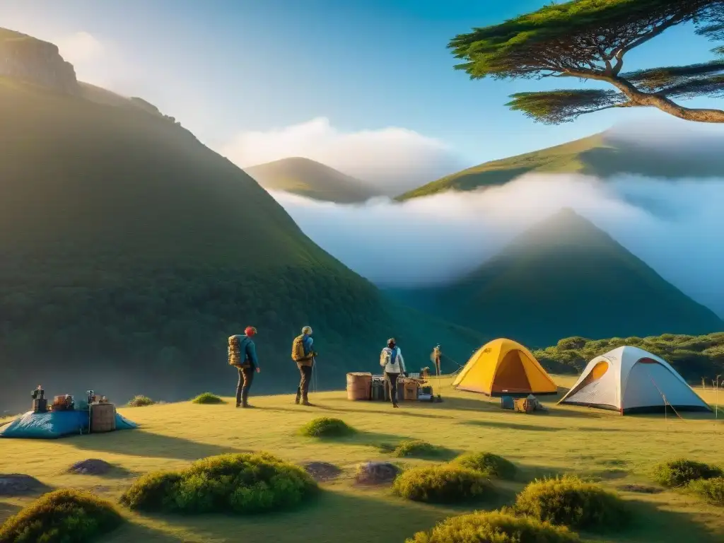 Campistas montan campamento sostenible con equipos ecoamigables en la exuberante naturaleza de Uruguay